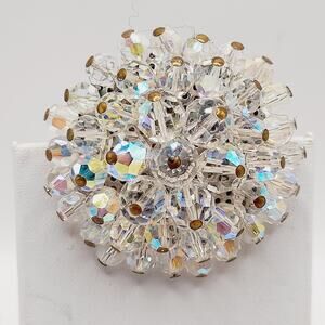 Vintage AB Crystal Beaded Brooch Clear Aurora Borealis Round 2 Inch 1960s